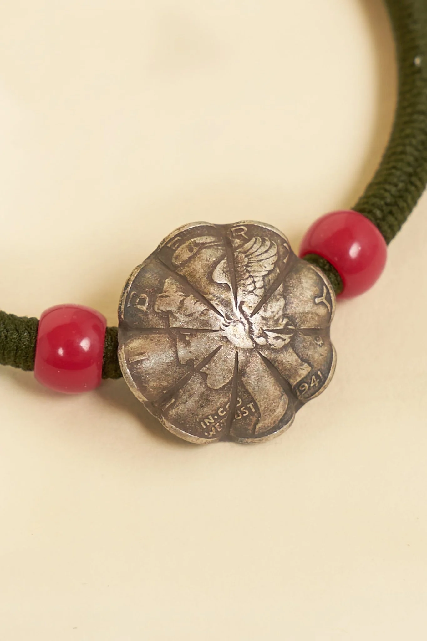 Button Works Mercury Dime Concho Bracelet Gum - Olive & Red - Image 3